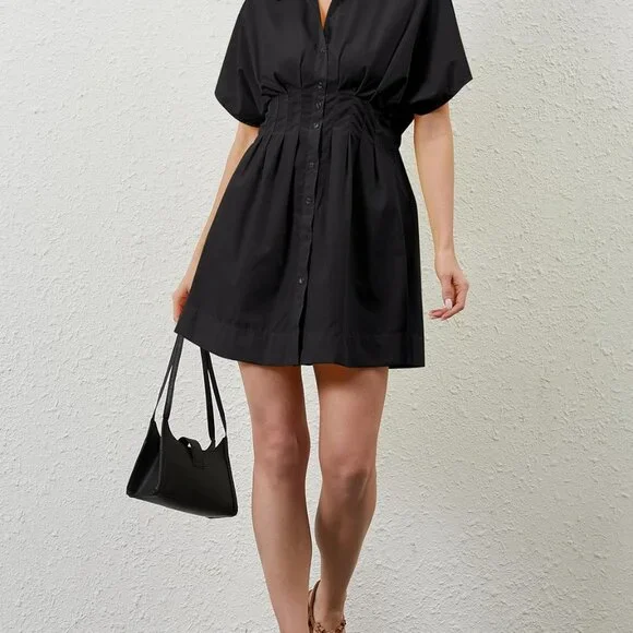 Women’s Cotton Pleated Button-Front Shirt Dress Mini Casual Summer - Picture 7 of 7